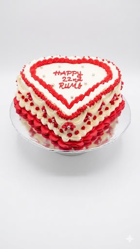Heart-shaped red and white birthday cake