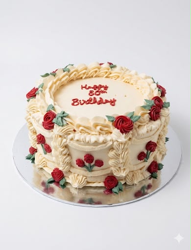 Cream and rose celebration cake