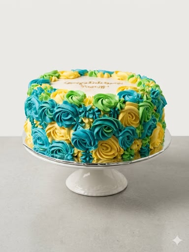 Blue and yellow rosette cake